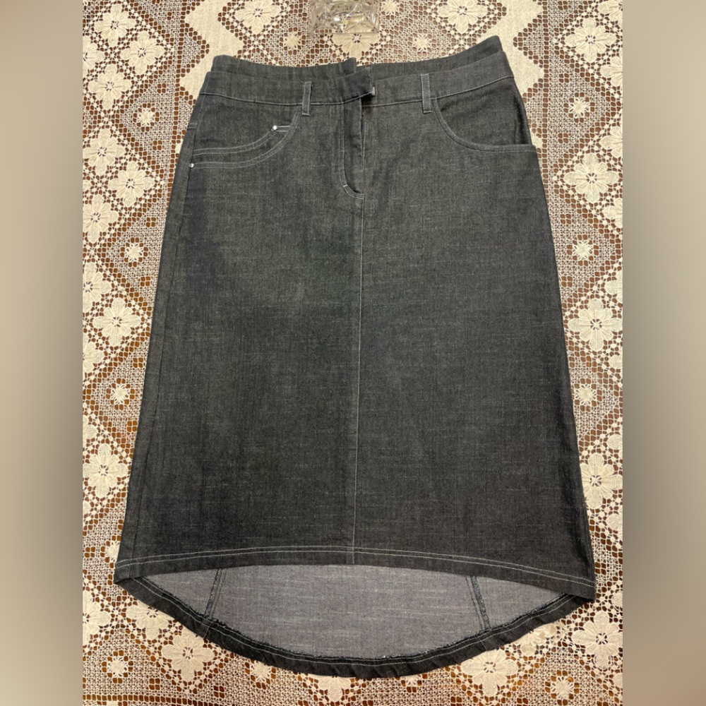 Bellissima Dark Wash Denim Jean High Low Asymmetrical Curved Hem Midi Skirt